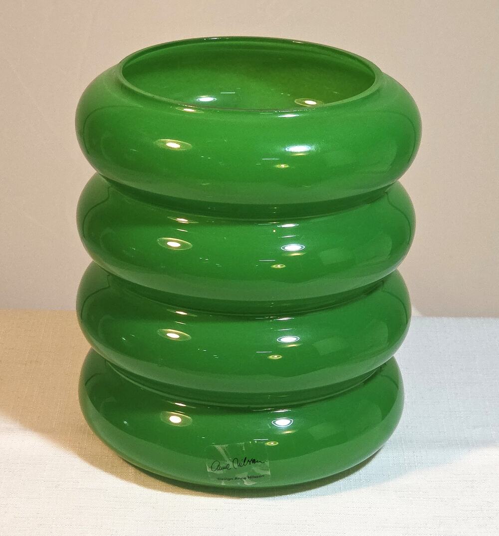 Anne Nilsson Green Ribbed Art Glass Vase Scandinavian Modern Designer Decor